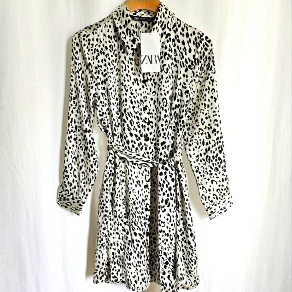 Zara Black & White Animal Print Belted Satin Mini Dress